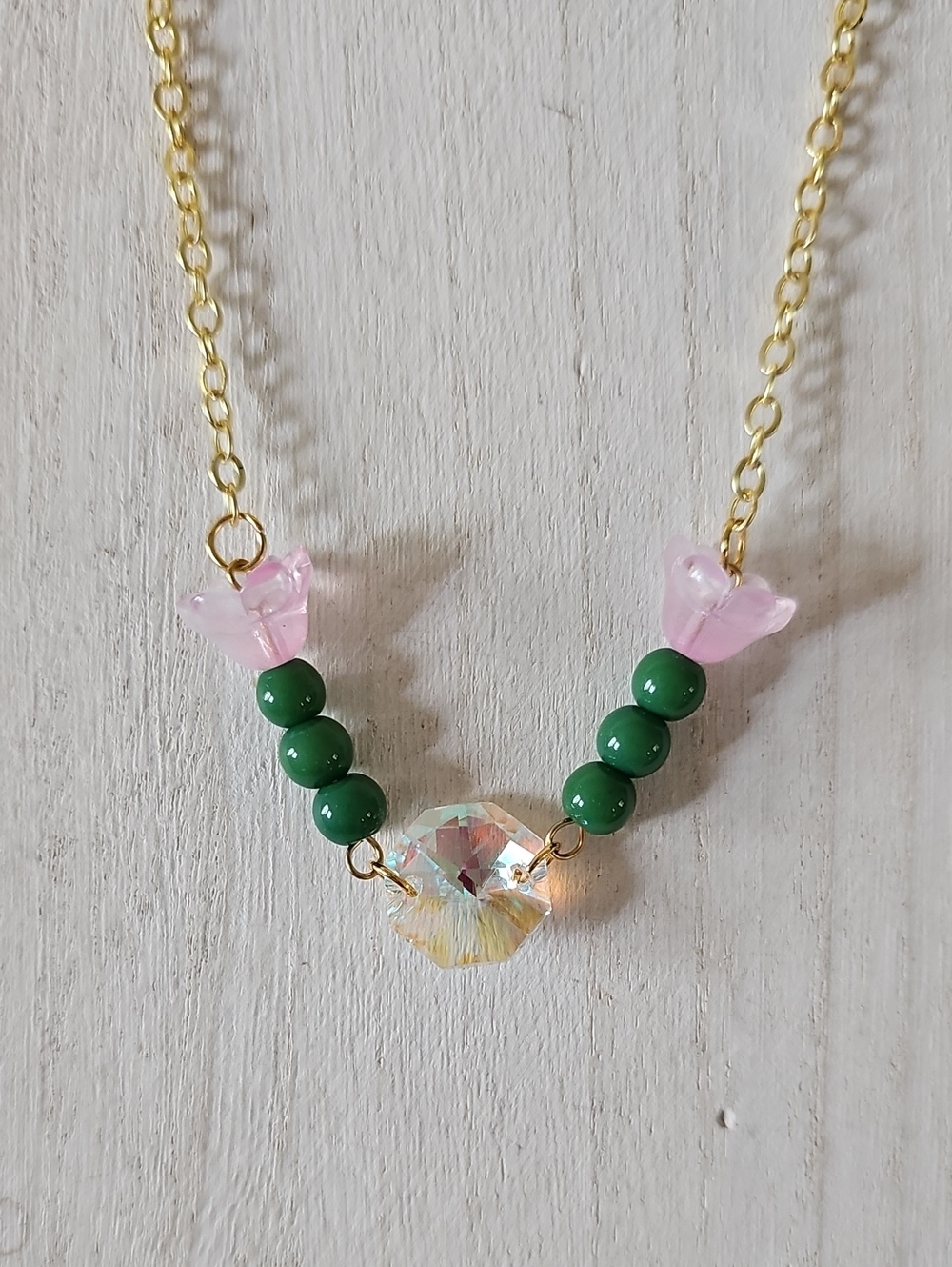Pink Flower Necklace with Aurora Borealis Crystal Centerpiece